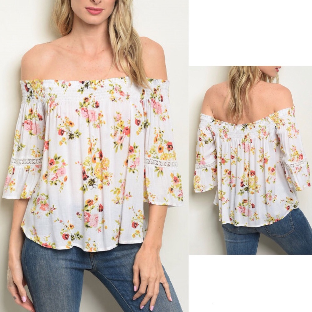 π 5 for $25 π Ivory Floral 3/4 Sleeve Off the Shoulder Top - Picture 1 of 3